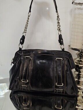 Vintage  Black Leather Shoulder Bag with Chain-Strap